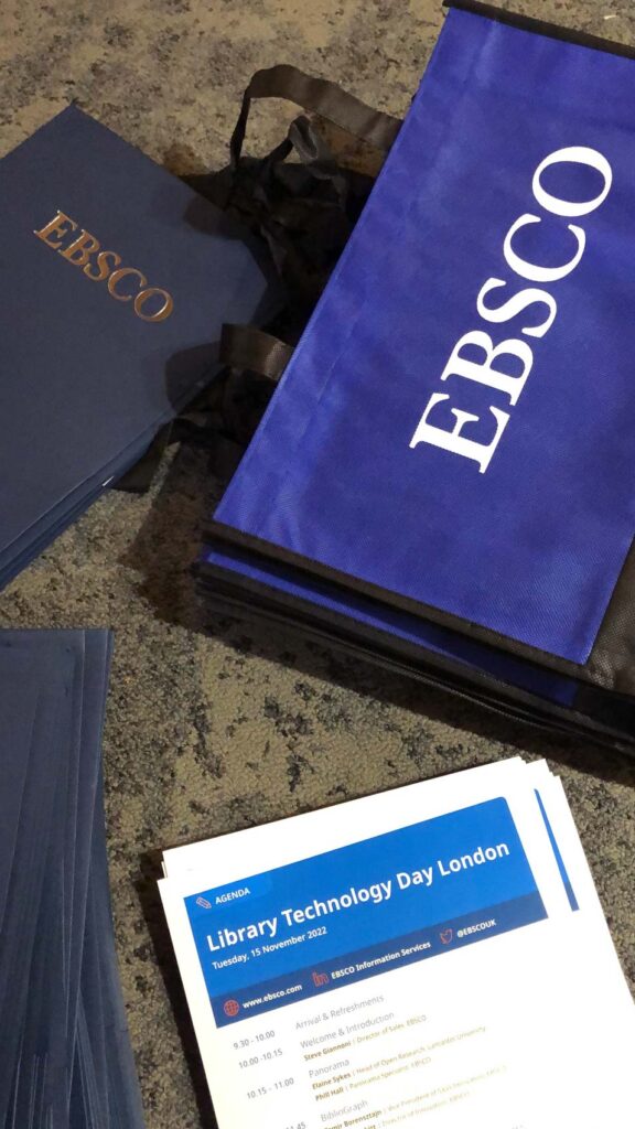 Swag items and agenda at EBSCO Open Days in the United Kingdom